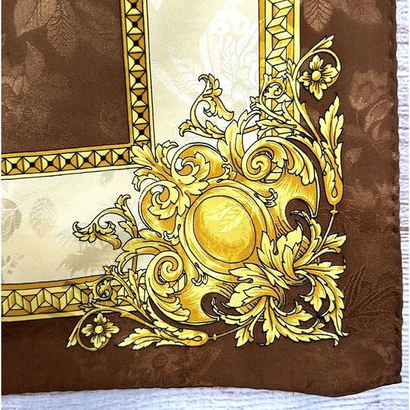 Silk Square Scarf Italy Brown Gold Cream Baroque - Picture 3 of 13